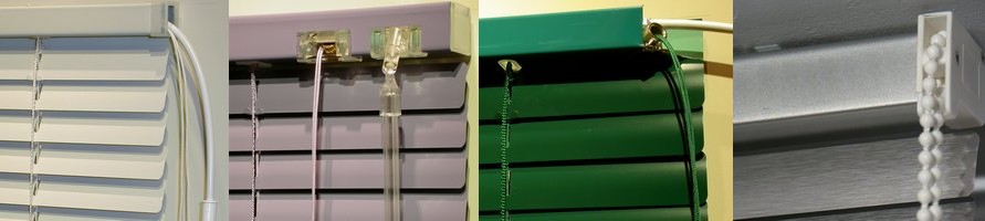 alt="Illustration of a venetian blind with different control types: tilt wand for adjusting slats, pull cord for raising and lowering, and options with bead chain or motorized operation"