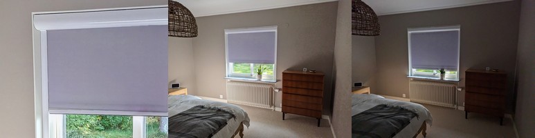 Cassette roller blind installed in a window, with fabric panel rolled into an upper cassette, side channels for light blocking, and a chain mechanism for easy adjustment