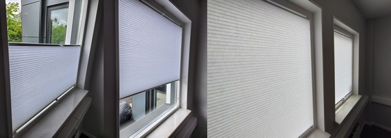 alt="Veckad mörkläggande plisségardin i fönster, med tätt tyg som blockerar ljus och skapar en mörk och avkopplande atmosfär"