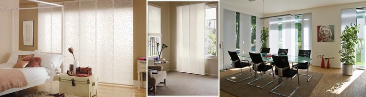 Panel blinds in modern fabrics in front of a large window