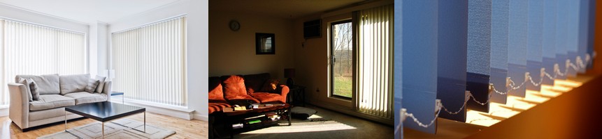 alt="Vertikala lamellgardiner monterade i ett fönster, med vertikala tygpaneler på skena som kan vinklas och skjutas åt sidan för flexibel ljusreglering, integrerat modernt och praktiskt solskydd"